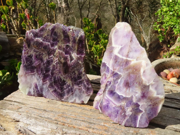 Polished One Side Polished Chevron Amethyst Standing Slabs x 2 From Zambia