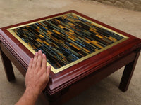 Polished Extra Large Blue Gold Tigers Eye Table Top With Amboia Hard Wood  x 1 From Southern Africa - Toprock Gemstones and Minerals 