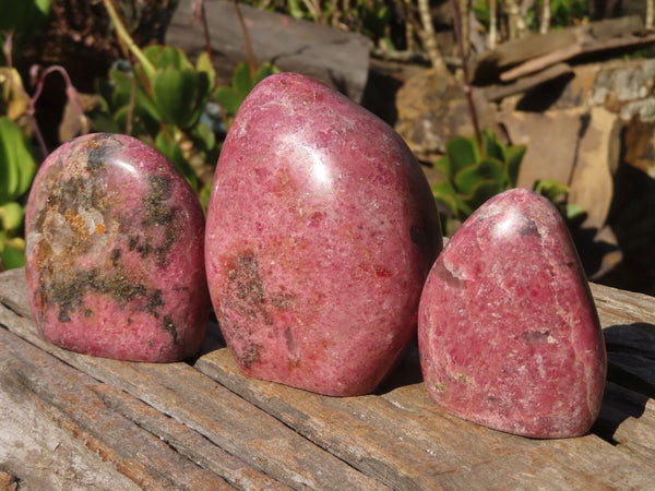 Polished Pink Rhodonite Standing Free Forms x 3 From Madagascar