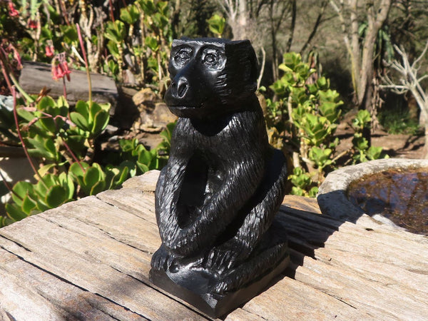 Polished  Black Soapstone Baboon Carving x 1 From Zimbabwe