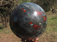 Polished Huge Bloodstone Sphere With Golden Pyrite Specks, Includes A Custom Palisandre Rosewood Stand  x 1 From Swaziland - TopRock