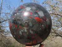 Polished Huge Bloodstone Sphere With Golden Pyrite Specks, Includes A Custom Palisandre Rosewood Stand  x 1 From Swaziland - TopRock