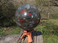 Polished Huge Bloodstone Sphere With Golden Pyrite Specks, Includes A Custom Palisandre Rosewood Stand  x 1 From Swaziland - TopRock