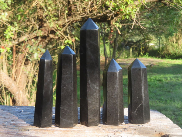 Polished Pitch Black Basalt Points/Prisms x 5 From Madagascar - TopRock