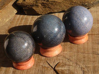 Polished  Blue Lazulite Spheres With Wooden Stands  x 6 From Madagascar