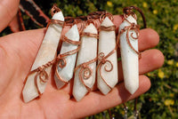 Polished White Smithsonite Spade Shaped Crystals Set In Copper Art Wire Wrap Pendant - sold per piece From Congo - TopRock