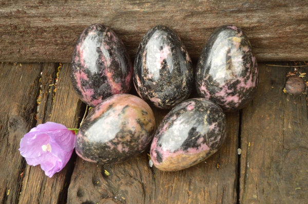 Polished Pink & Black Rhodonite Eggs x 5 From Madagascar - TopRock