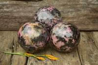 Polished Beautiful Pink & Black Rhodonite Spheres x 3 From Madagascar - TopRock