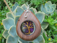 Polished Zebra Wood Pendant With Purpurite Centre & Tree Of Life - sold per piece From South Africa - TopRock