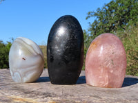 Polished Black Tourmaline, Agate & Rose Quartz With Some Mica Standing Free Forms x 3 From Madagascar - TopRock