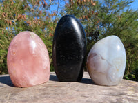 Polished Black Tourmaline, Agate & Rose Quartz With Some Mica Standing Free Forms x 3 From Madagascar - TopRock