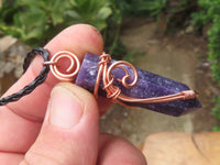 Polished Lepidolite Crystal In Copper Art Wire Wrap With Thong - sold per piece From Zimbabwe - TopRock